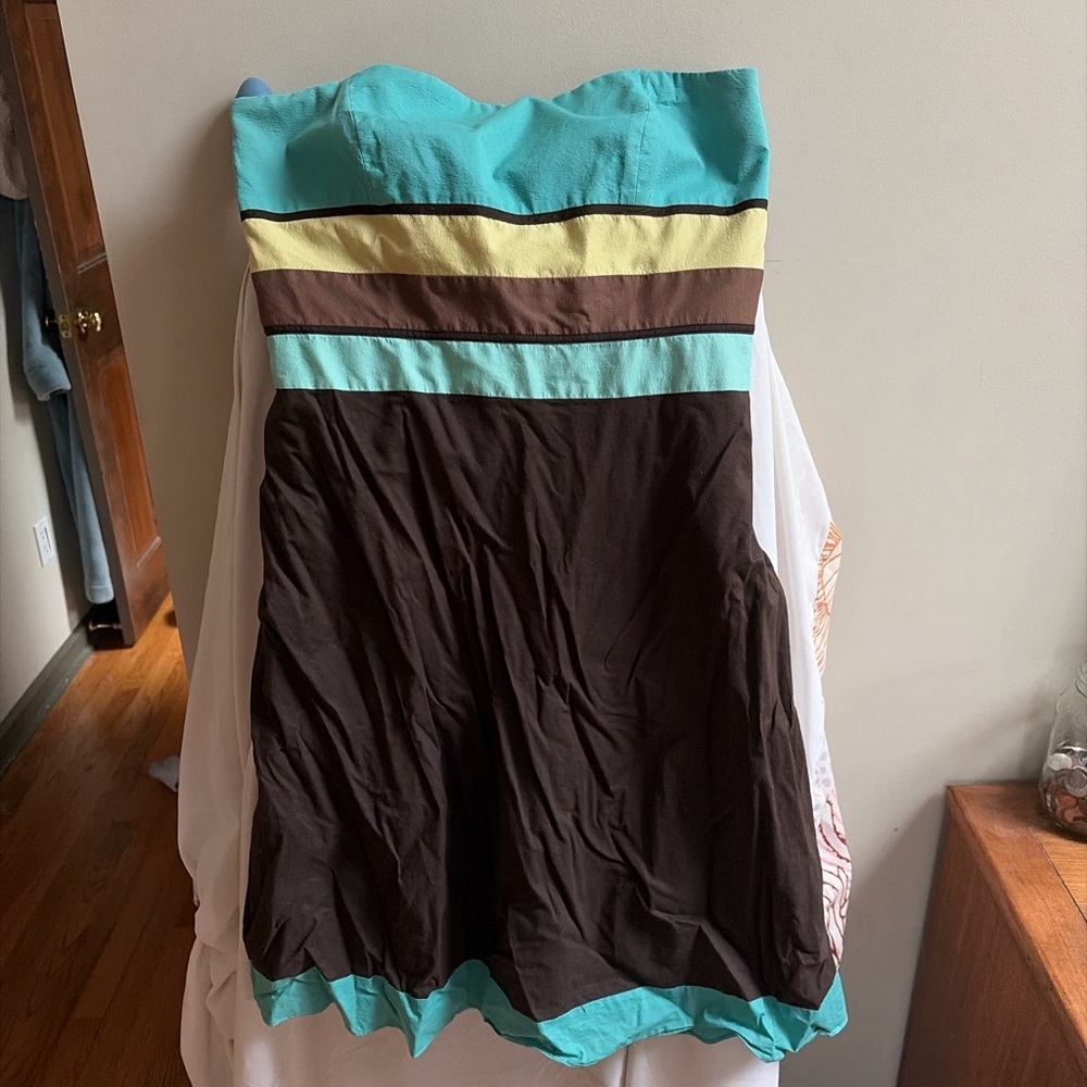 Turquoise & Chocolate Strapless Sundress with Yellow Accent